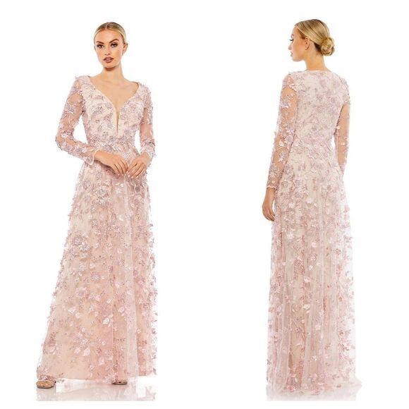 Mac Duggal FLORAL APPLIQUE LONG SLEEVE ILLUSION GOWNR $398 size 4 - Picture 1 of 7